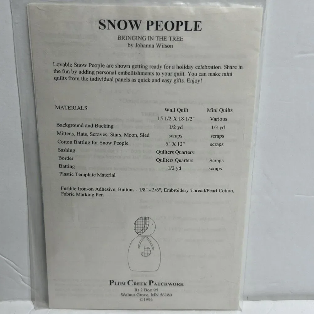 Snow People Plum Creek Patchwork # 3046 NEW Vintage Sewing Pattern Wall Quilt